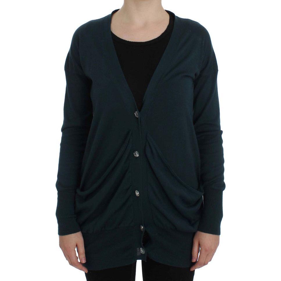 PINK MEMORIES Elegant Green Cotton Cardigan Sweater PINK MEMORIES Black