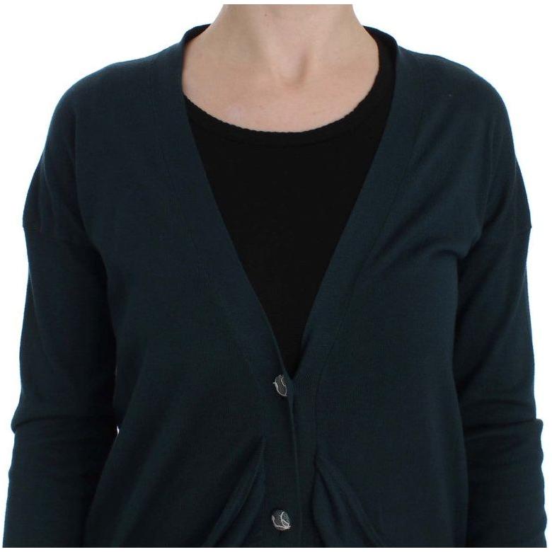 PINK MEMORIES Elegant Green Cotton Cardigan Sweater PINK MEMORIES Black