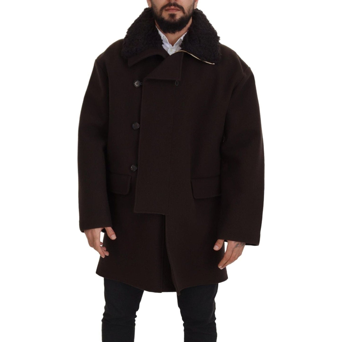 Dolce & Gabbana Elegant Dark Brown Shearling Coat Jacket Dolce & Gabbana Black