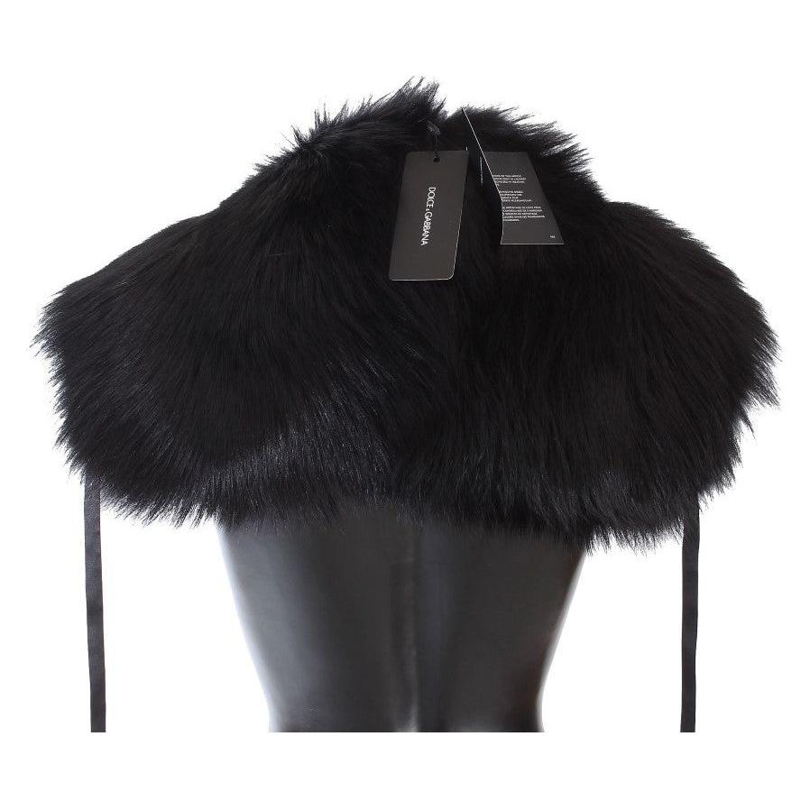 Dolce & Gabbana Elegant Black Fox Fur Silk Shoulder Wrap Fur Wrap Scarves Dolce & Gabbana Black