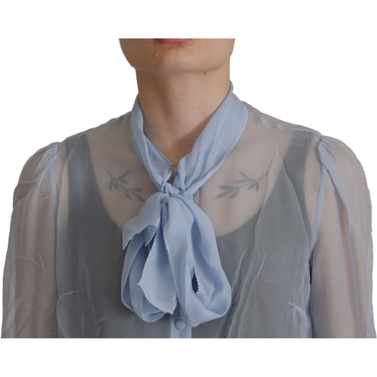 Dolce & Gabbana Elegant Silk Ascot Collar Blouse in Light Blue Dolce & Gabbana Slate Gray