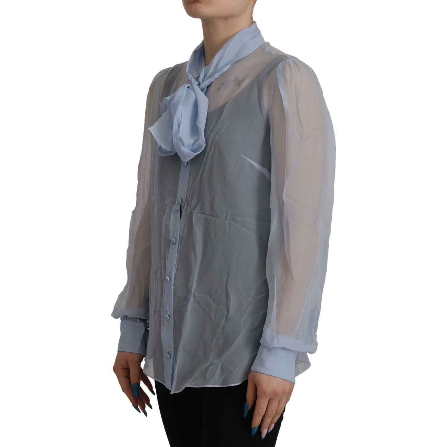 Dolce & Gabbana Elegant Silk Ascot Collar Blouse in Light Blue Dolce & Gabbana Dim Gray