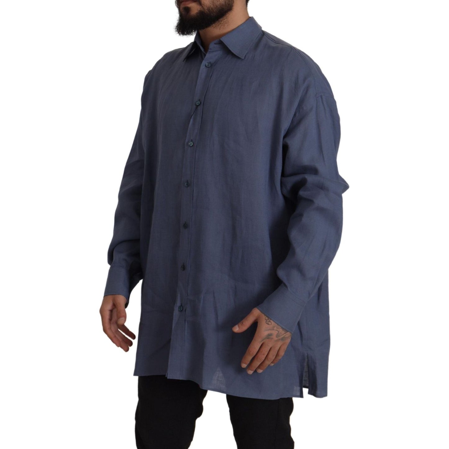 Dolce & Gabbana Elegant Dark Blue Linen Dress Shirt Dolce & Gabbana Dark Slate Gray