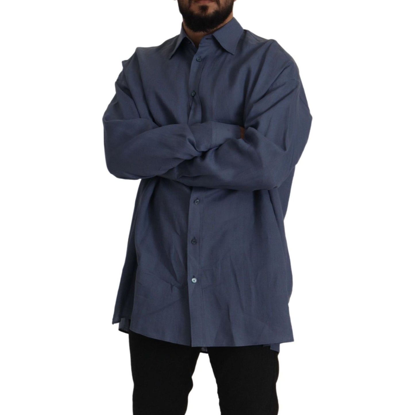 Dolce & Gabbana Elegant Dark Blue Linen Dress Shirt Dolce & Gabbana Dark Slate Gray