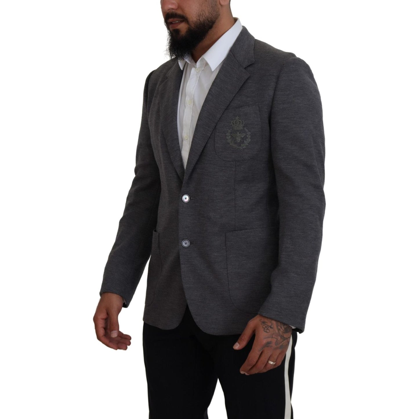Dolce & Gabbana Elegant Gray Wool Blazer with Bee Crown Embroidery Dolce & Gabbana Dark Slate Gray