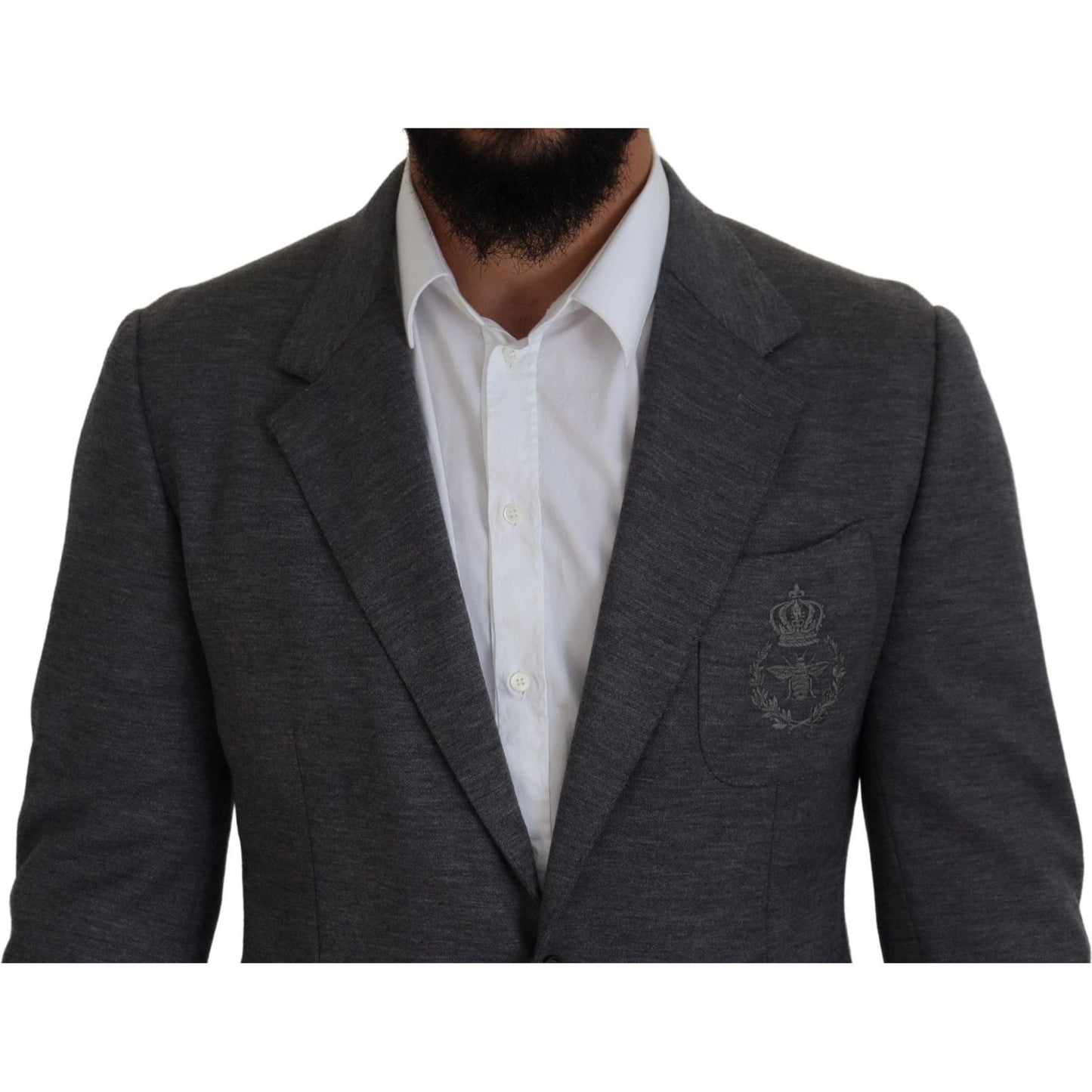 Dolce & Gabbana Elegant Gray Wool Blazer with Bee Crown Embroidery Dolce & Gabbana Dark Slate Gray