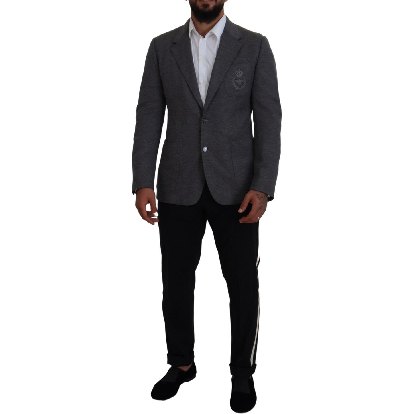 Dolce & Gabbana Elegant Gray Wool Blazer with Bee Crown Embroidery Dolce & Gabbana Black