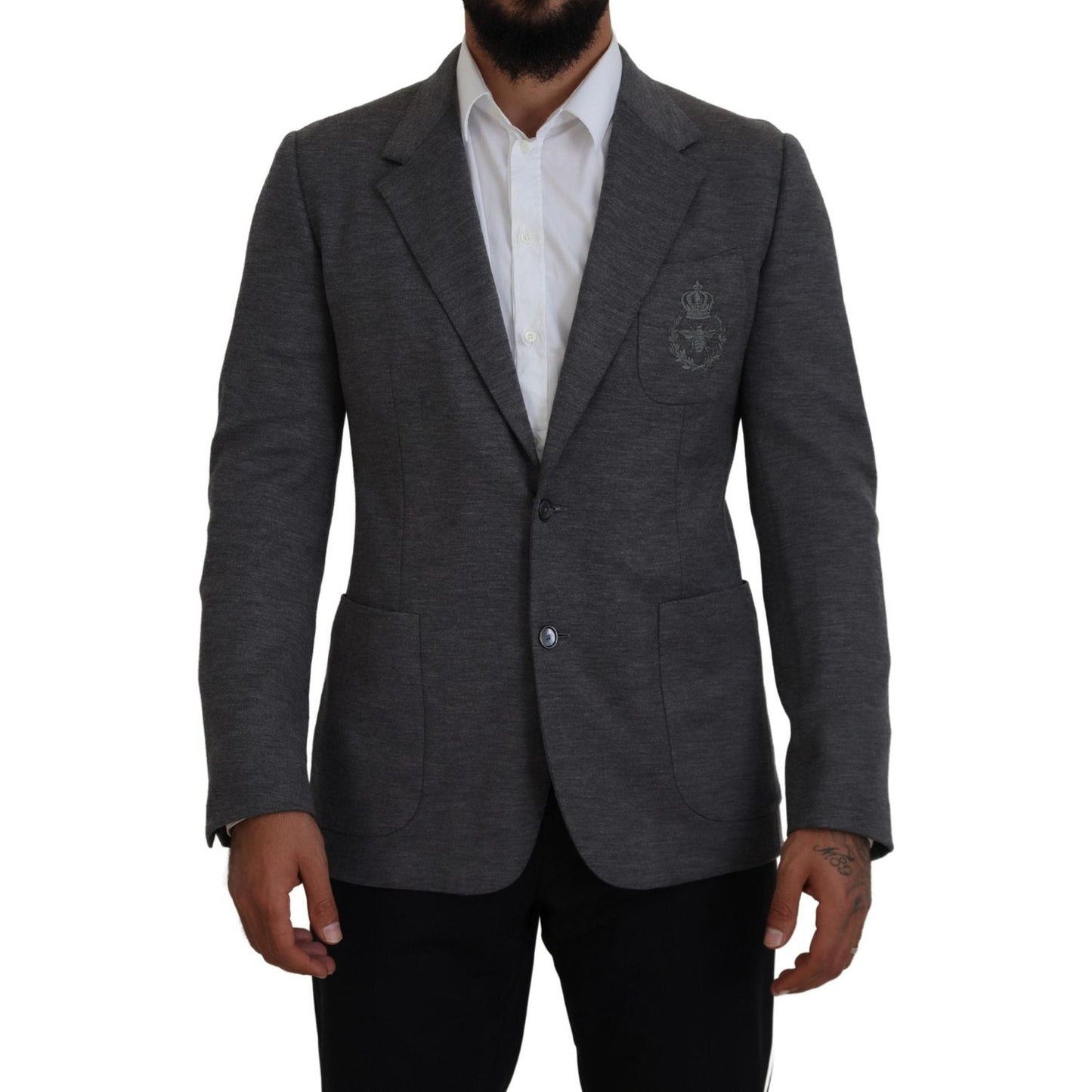 Dolce & Gabbana Elegant Gray Wool Blazer with Bee Crown Embroidery Dolce & Gabbana Dark Slate Gray