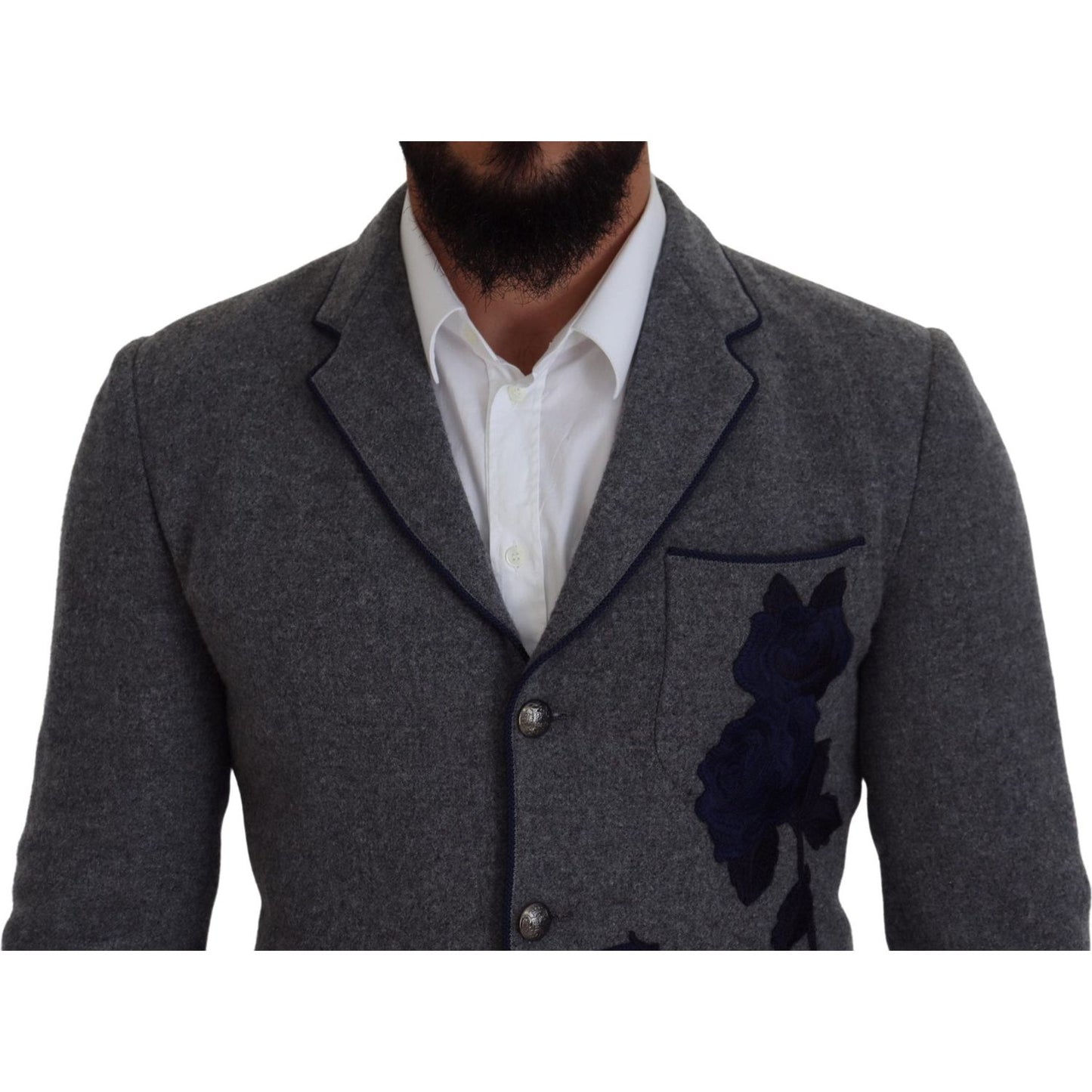 Dolce & Gabbana Elegant Gray Wool Blazer with Blue Rose Embroidery Dolce & Gabbana Dark Slate Gray