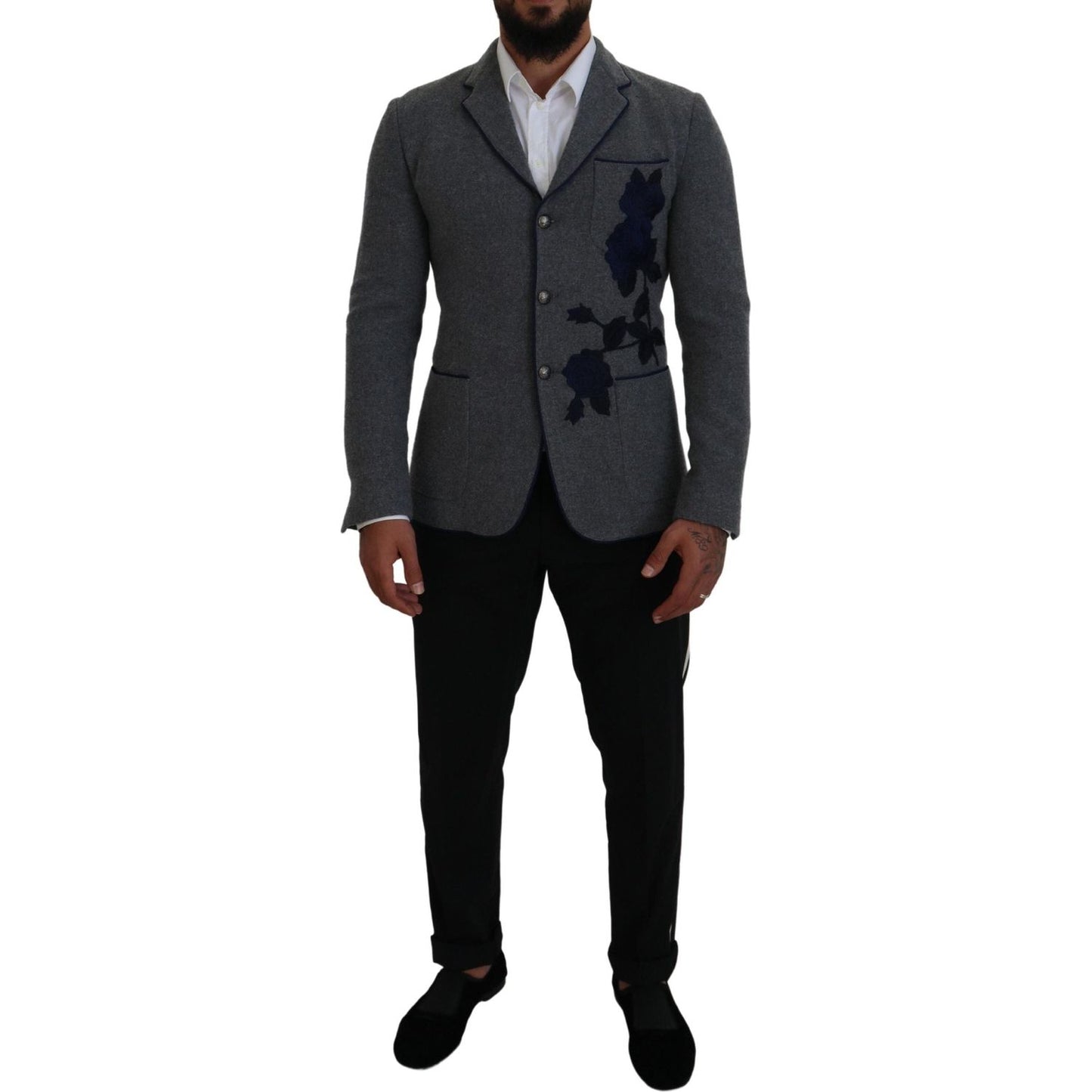 Dolce & Gabbana Elegant Gray Wool Blazer with Blue Rose Embroidery Dolce & Gabbana Black