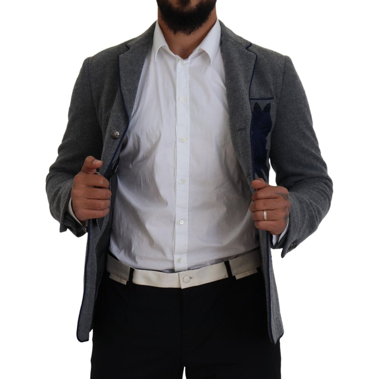 Dolce & Gabbana Elegant Gray Wool Blazer with Blue Rose Embroidery Dolce & Gabbana Dark Slate Gray