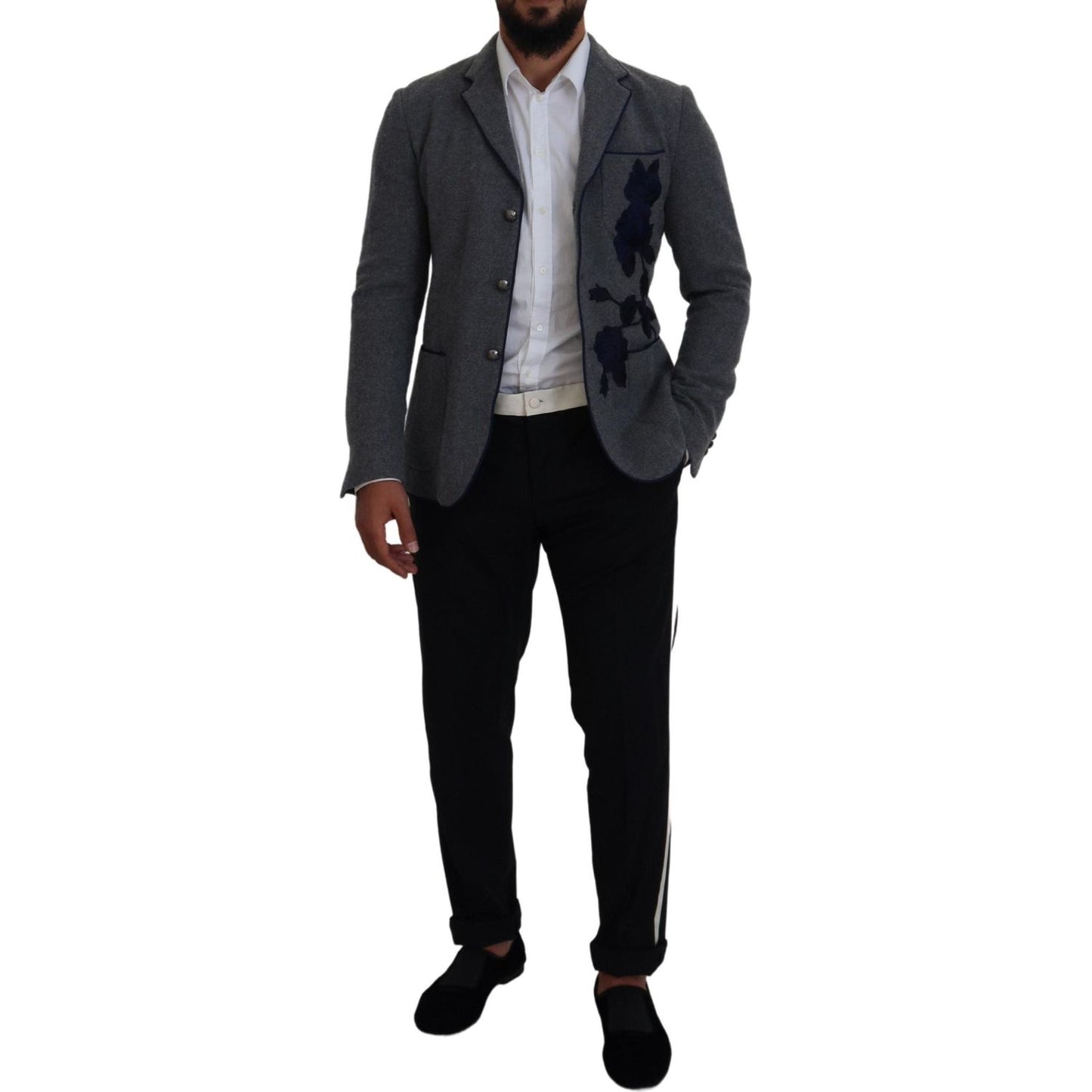 Dolce & Gabbana Elegant Gray Wool Blazer with Blue Rose Embroidery Dolce & Gabbana Black