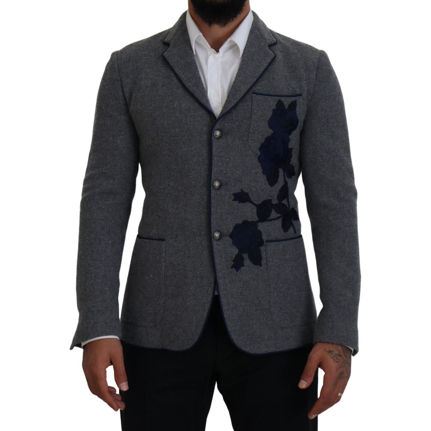 Dolce & Gabbana Elegant Gray Wool Blazer with Blue Rose Embroidery Dolce & Gabbana Dark Slate Gray