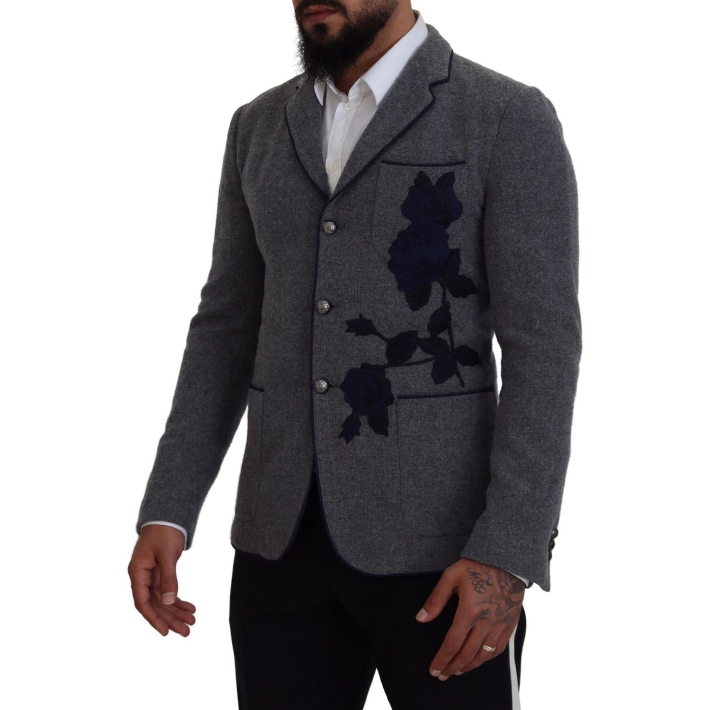 Dolce & Gabbana Elegant Gray Wool Blazer with Blue Rose Embroidery Dolce & Gabbana Dark Slate Gray