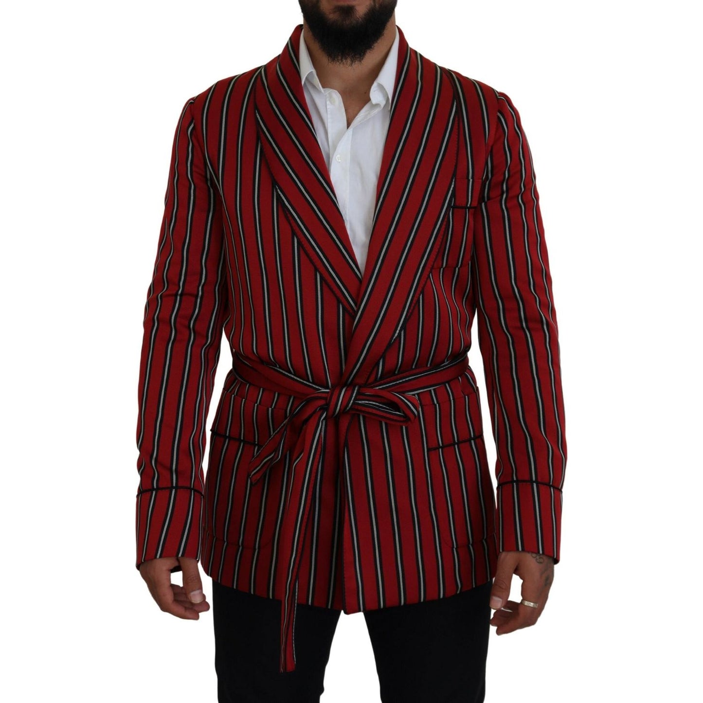Dolce & Gabbana Elegant Red Striped Long Robe Luxury Wear Dolce & Gabbana Black