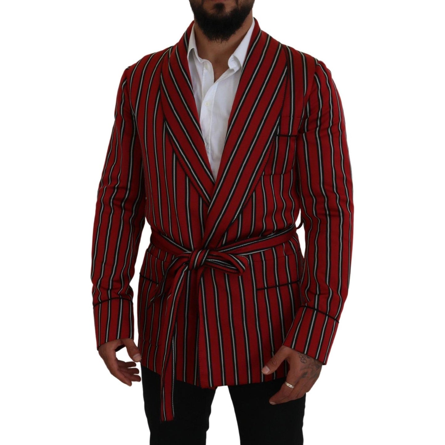 Dolce & Gabbana Elegant Red Striped Long Robe Luxury Wear Dolce & Gabbana Black
