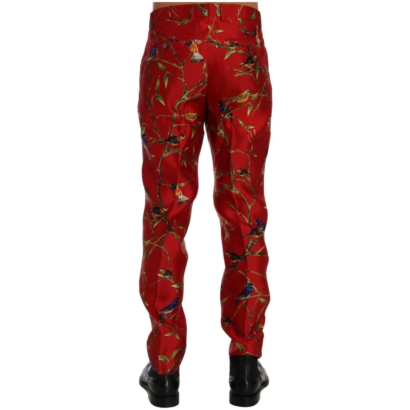 Dolce & Gabbana Elegant Silk Dress Trousers in Red Bird Print Dolce & Gabbana Dark Red
