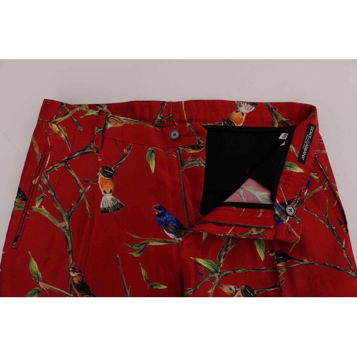 Dolce & Gabbana Elegant Silk Dress Trousers in Red Bird Print Dolce & Gabbana Dark Red