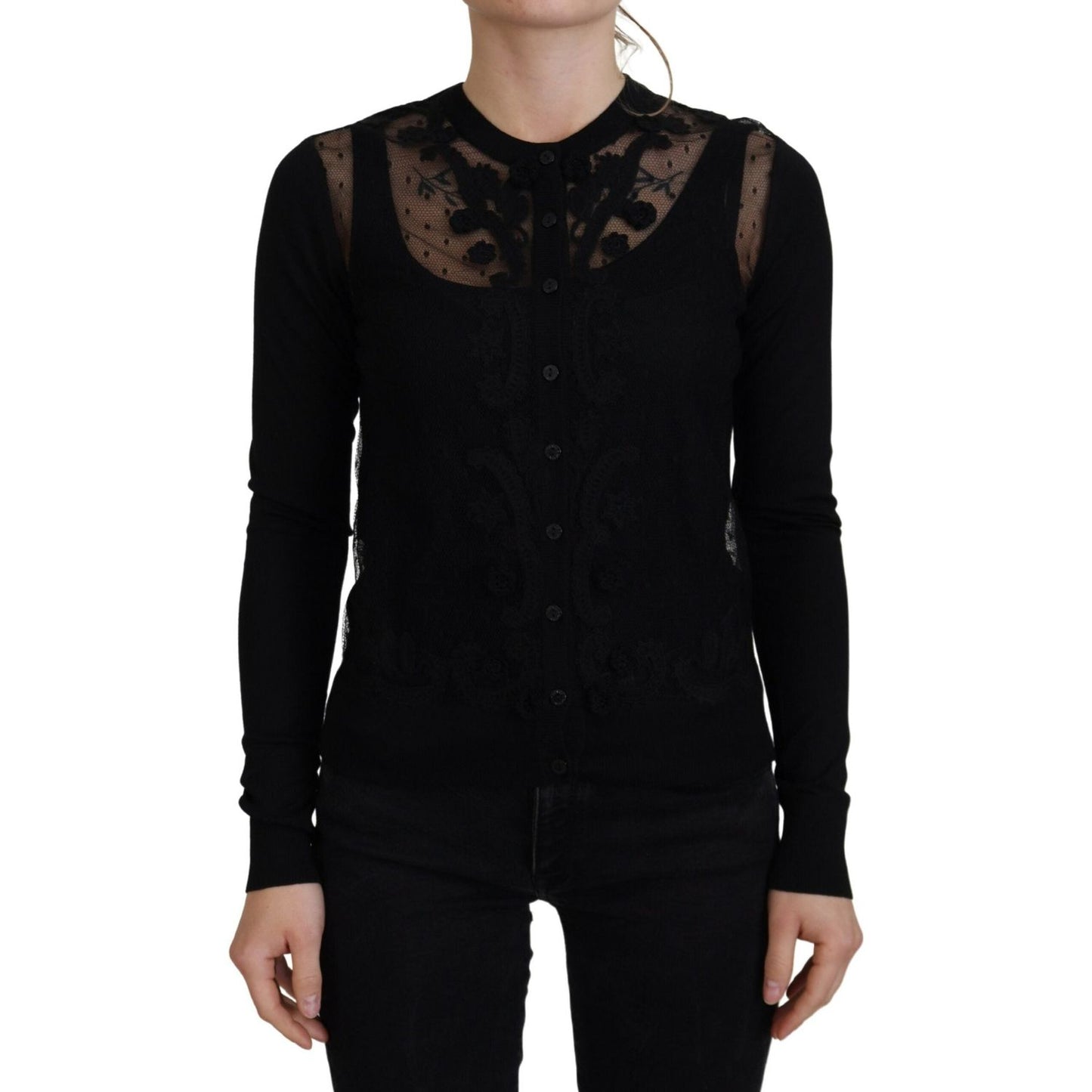 Dolce & Gabbana Elegant Black Floral Lace Cardigan Sweater Dolce & Gabbana Black