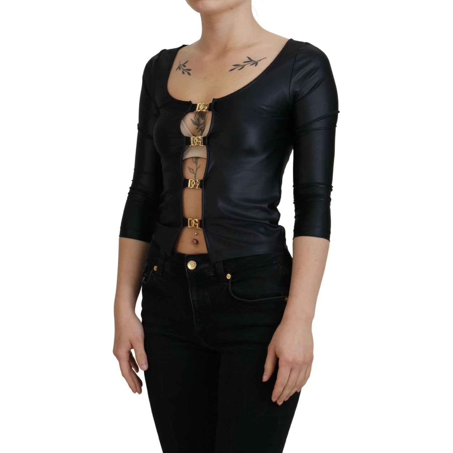 Dolce & Gabbana Elegant Black 3/4 Sleeve Top with Gold Detailing Dolce & Gabbana Black