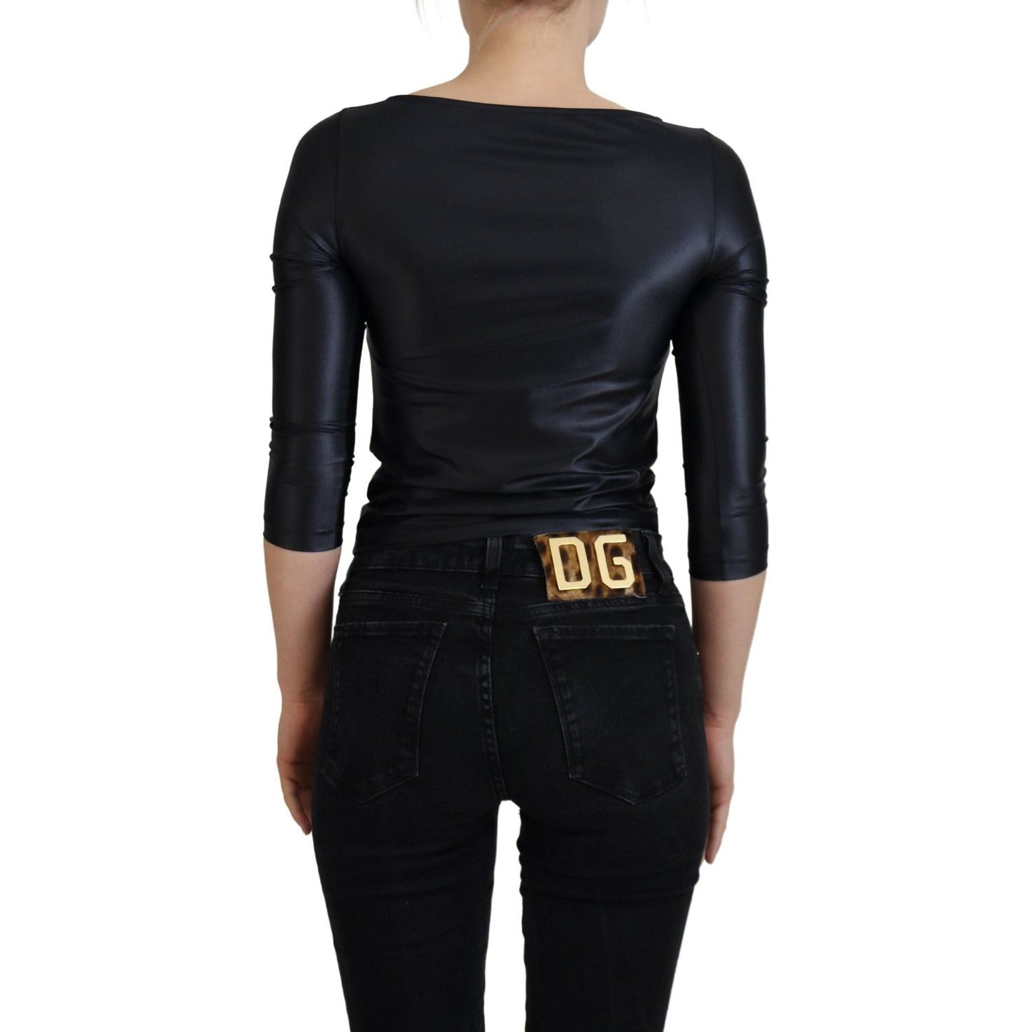 Dolce & Gabbana Elegant Black 3/4 Sleeve Top with Gold Detailing Dolce & Gabbana Black