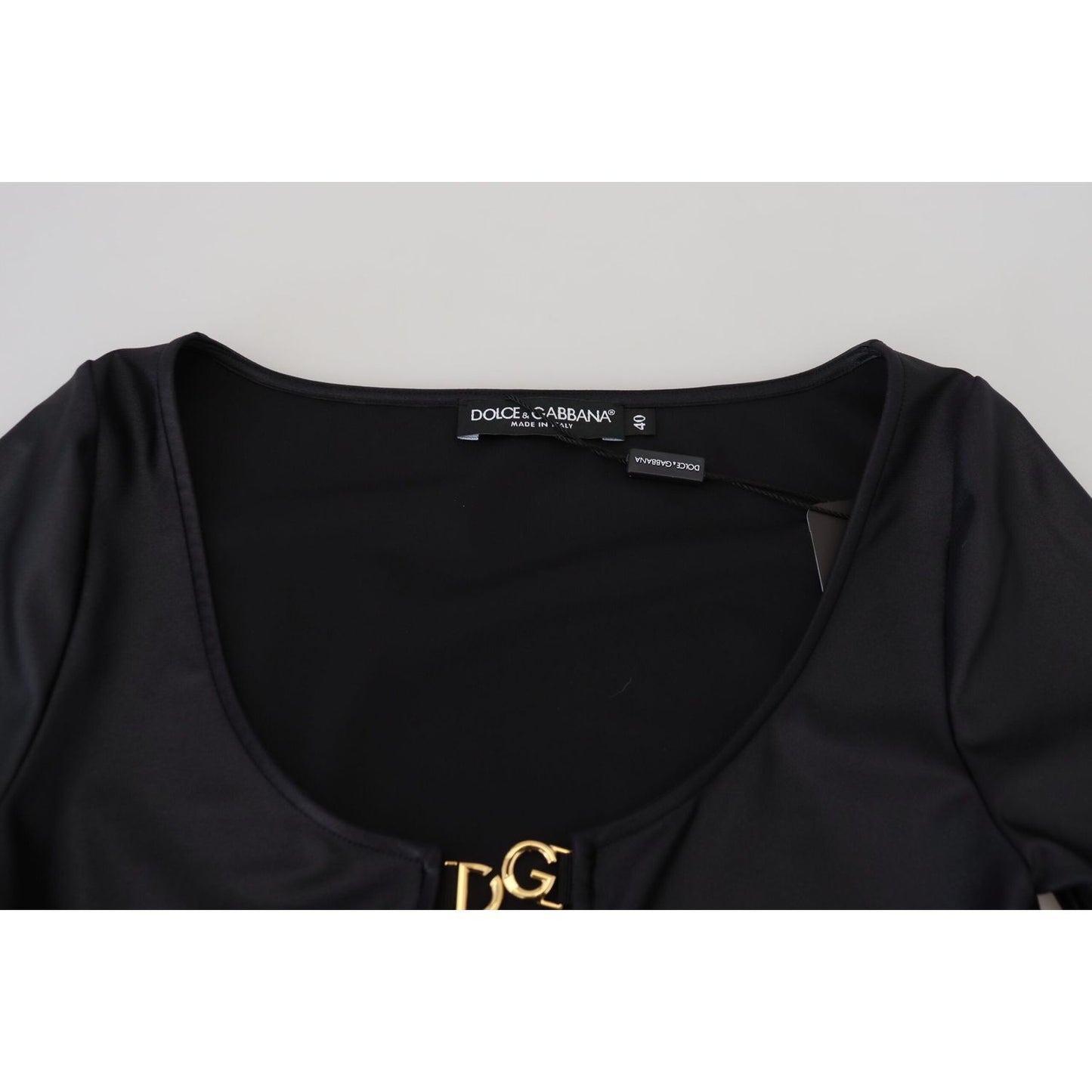 Dolce & Gabbana Elegant Black 3/4 Sleeve Top with Gold Detailing Dolce & Gabbana Black
