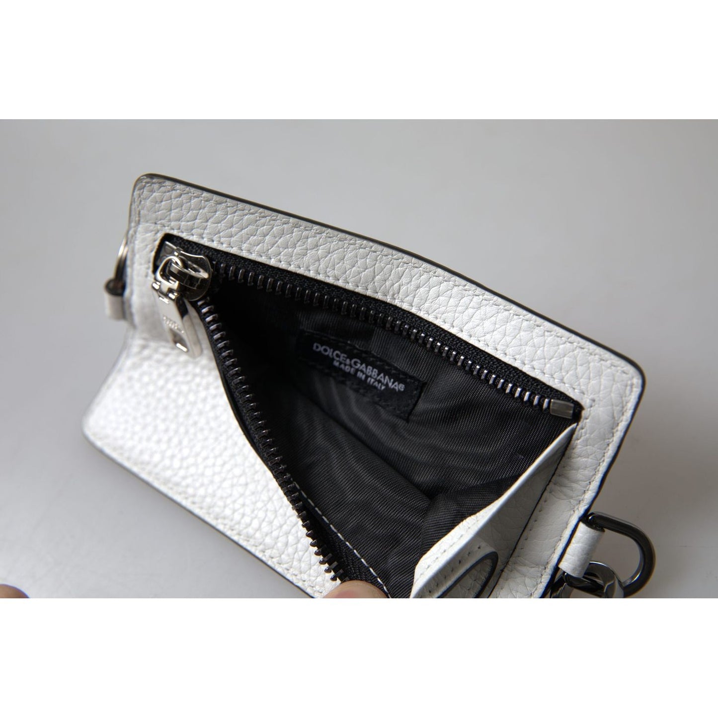 Dolce & Gabbana Elegant White Leather Cardholder Lanyard Dolce & Gabbana Gray