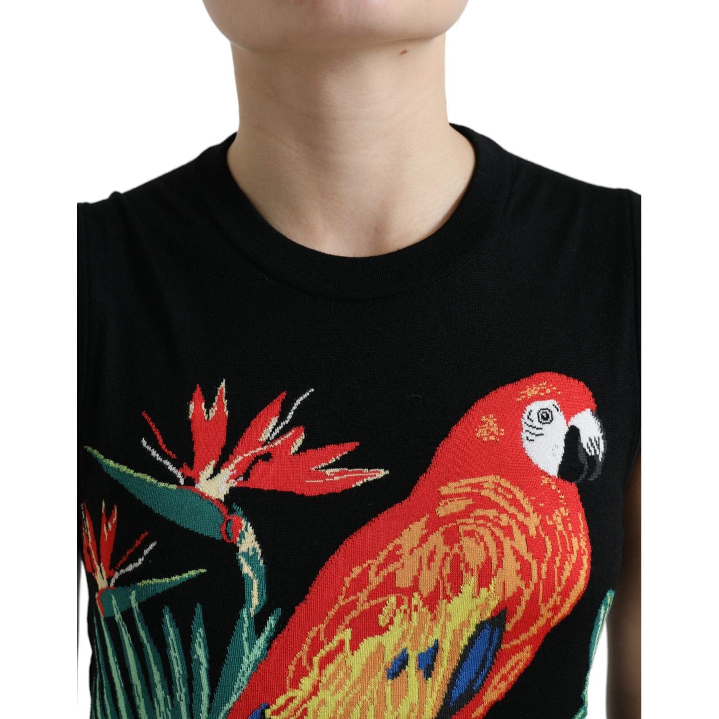 Dolce & Gabbana Elegant Crew Neck Wool Silk Tank with Bird Embroidery Dolce & Gabbana Sienna