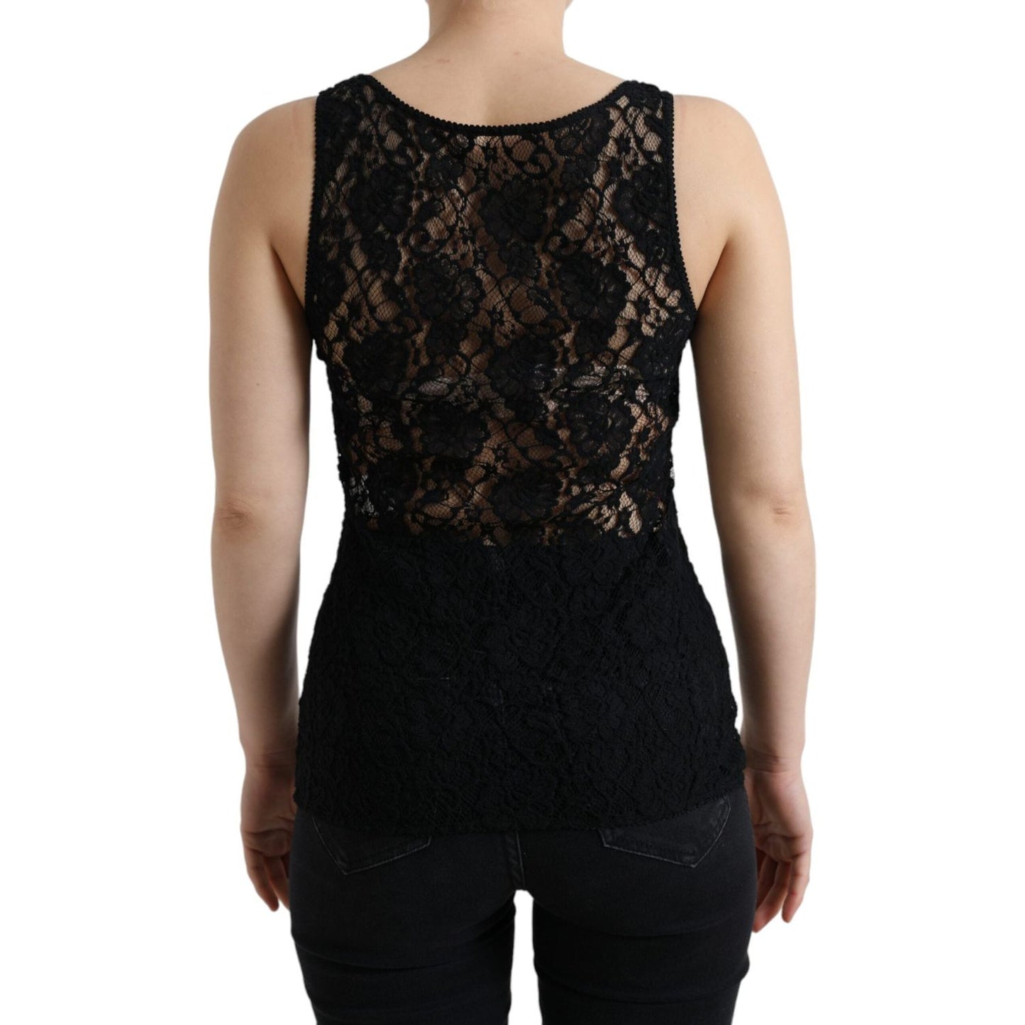 Dolce & Gabbana Elegant Lace Tank Top with Logo Stripe Dolce & Gabbana Black