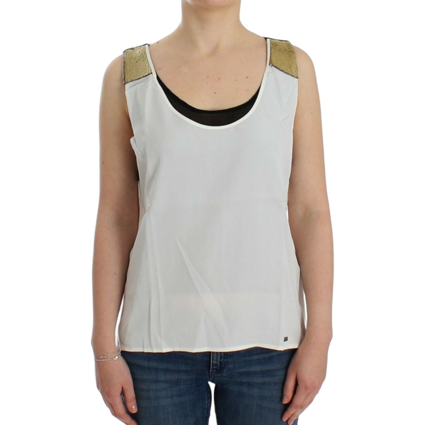 Costume National Elegant Monochrome Sleeveless Top with Gold Accents Costume National Gray