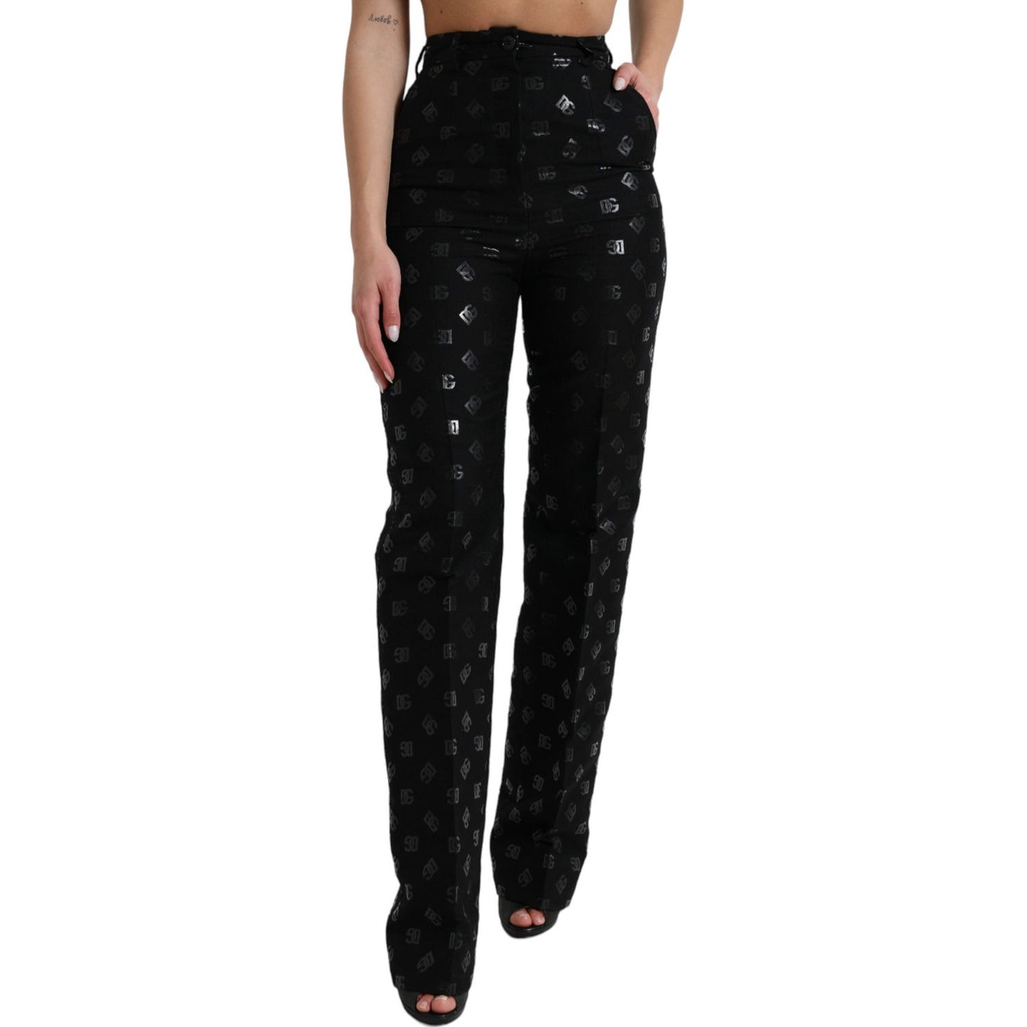 Dolce & Gabbana Chic High Waist Straight Pants with Logo Print Dolce & Gabbana Black