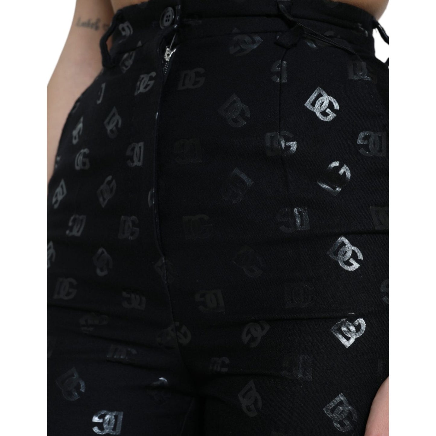 Dolce & Gabbana Chic High Waist Straight Pants with Logo Print Dolce & Gabbana Black