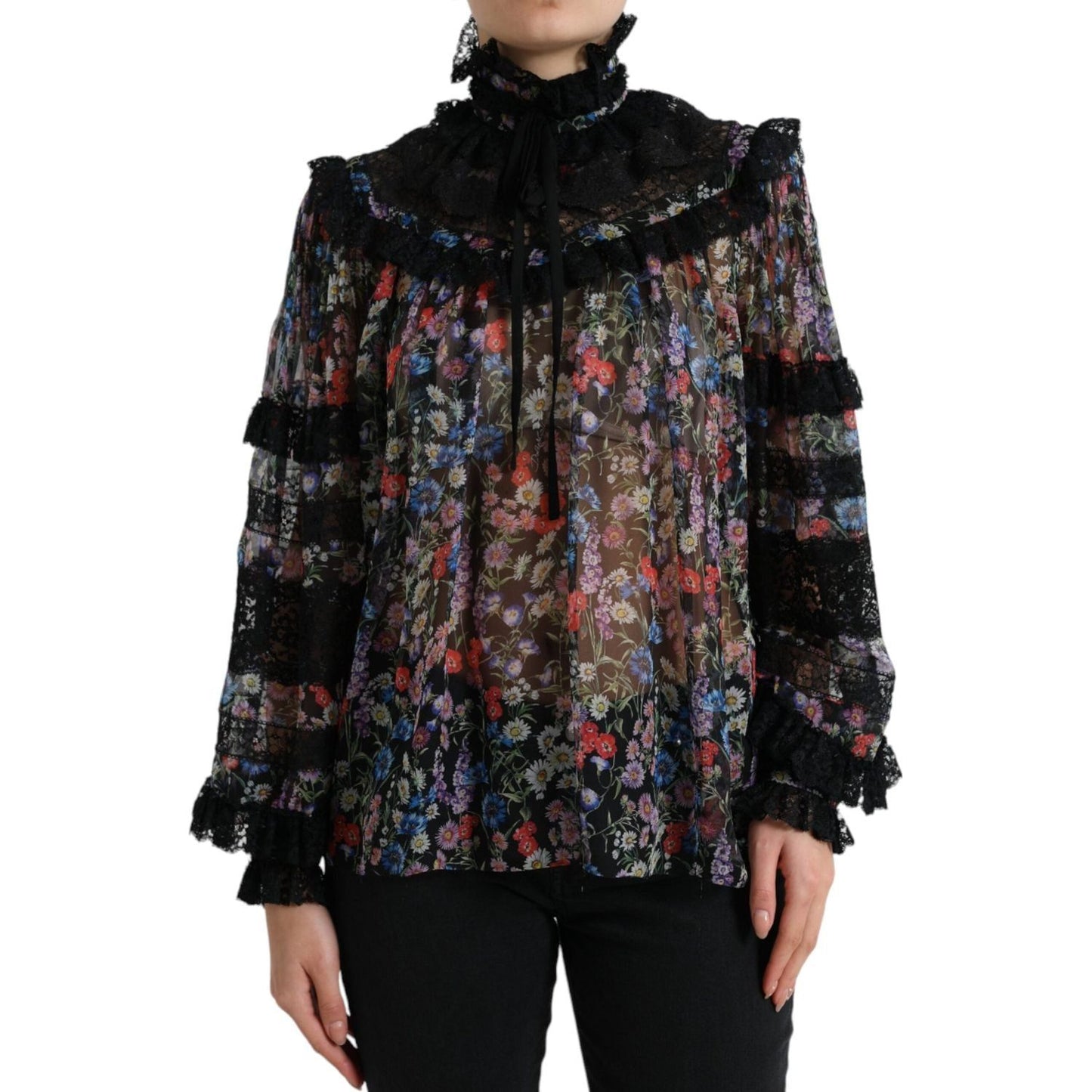 Dolce & Gabbana Elegant Floral Silk Blouse with Lace Trim Dolce & Gabbana Black