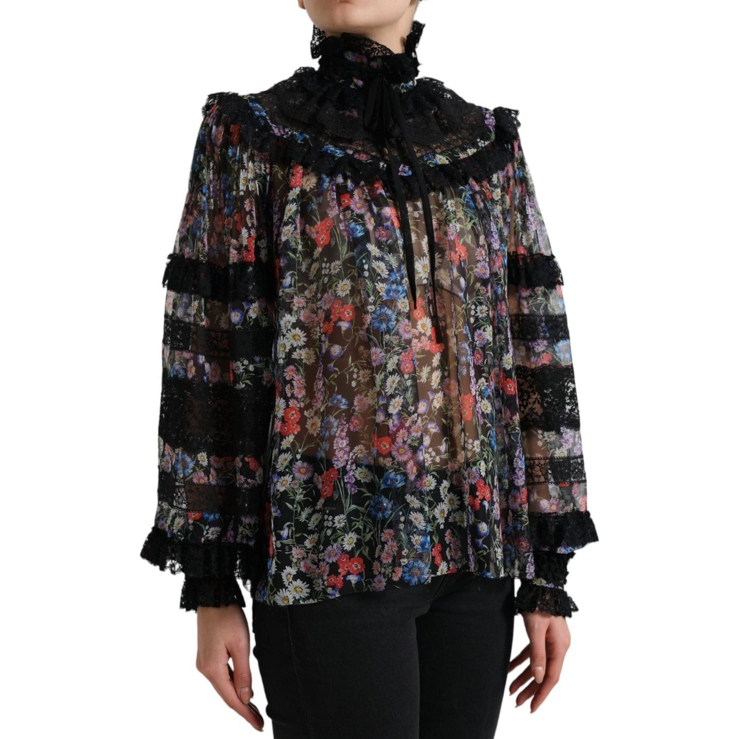 Dolce & Gabbana Elegant Floral Silk Blouse with Lace Trim Dolce & Gabbana Black