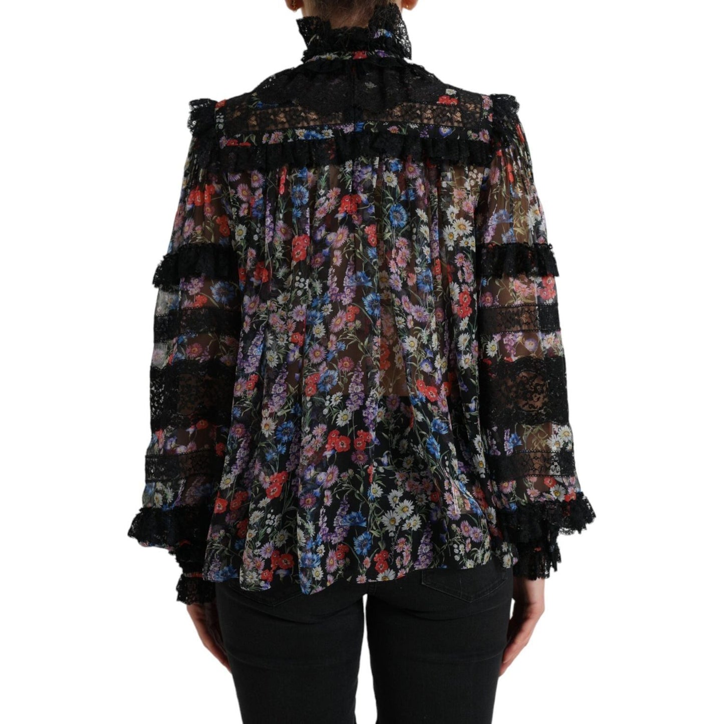 Dolce & Gabbana Elegant Floral Silk Blouse with Lace Trim Dolce & Gabbana Black
