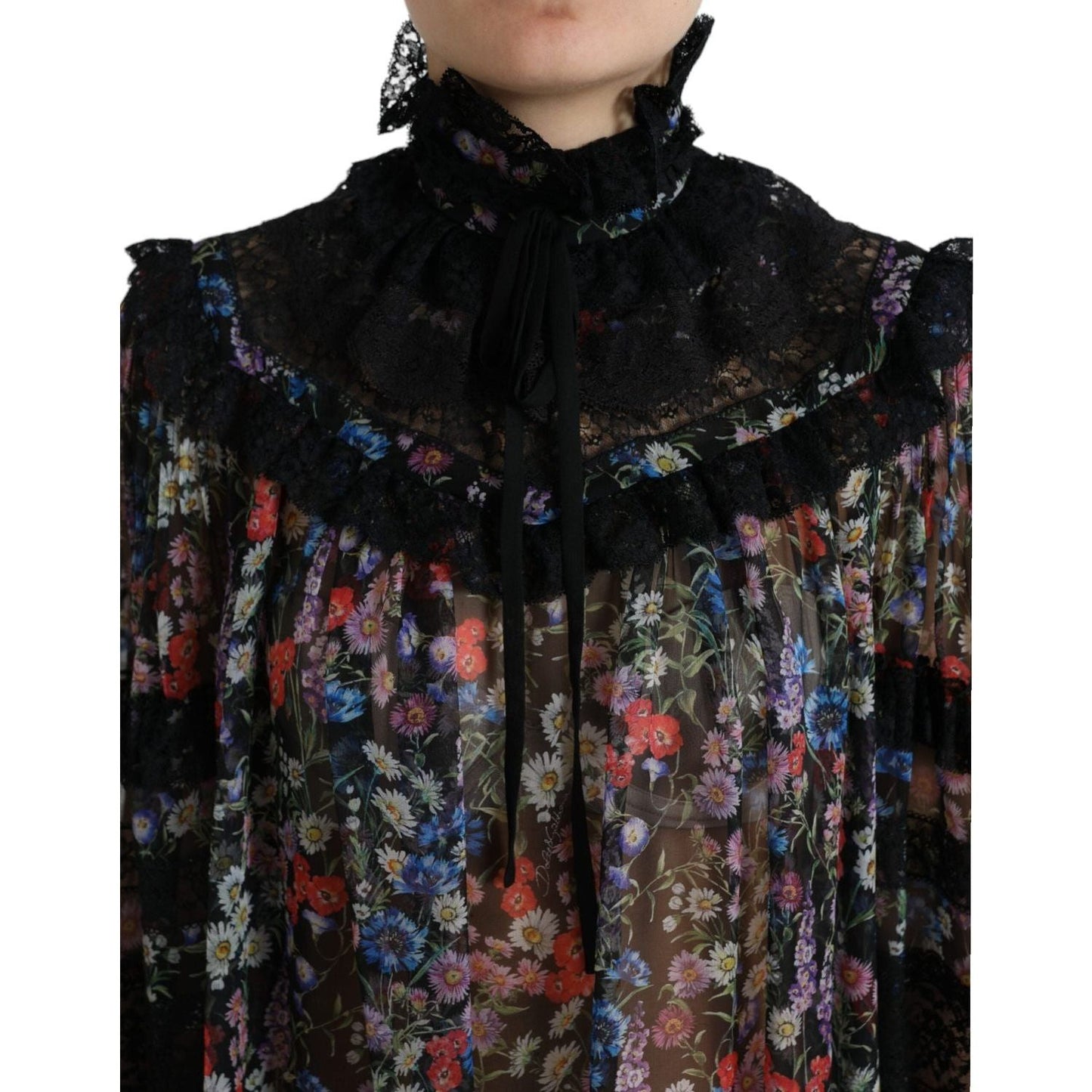 Dolce & Gabbana Elegant Floral Silk Blouse with Lace Trim Dolce & Gabbana Black