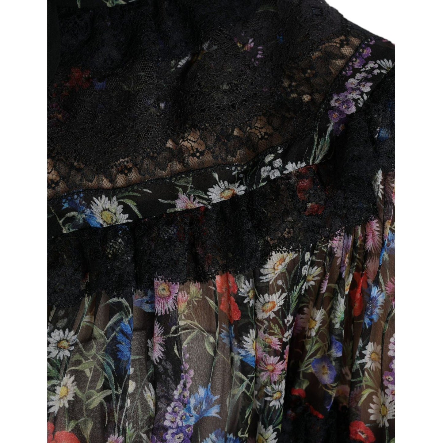 Dolce & Gabbana Elegant Floral Silk Blouse with Lace Trim Dolce & Gabbana Black