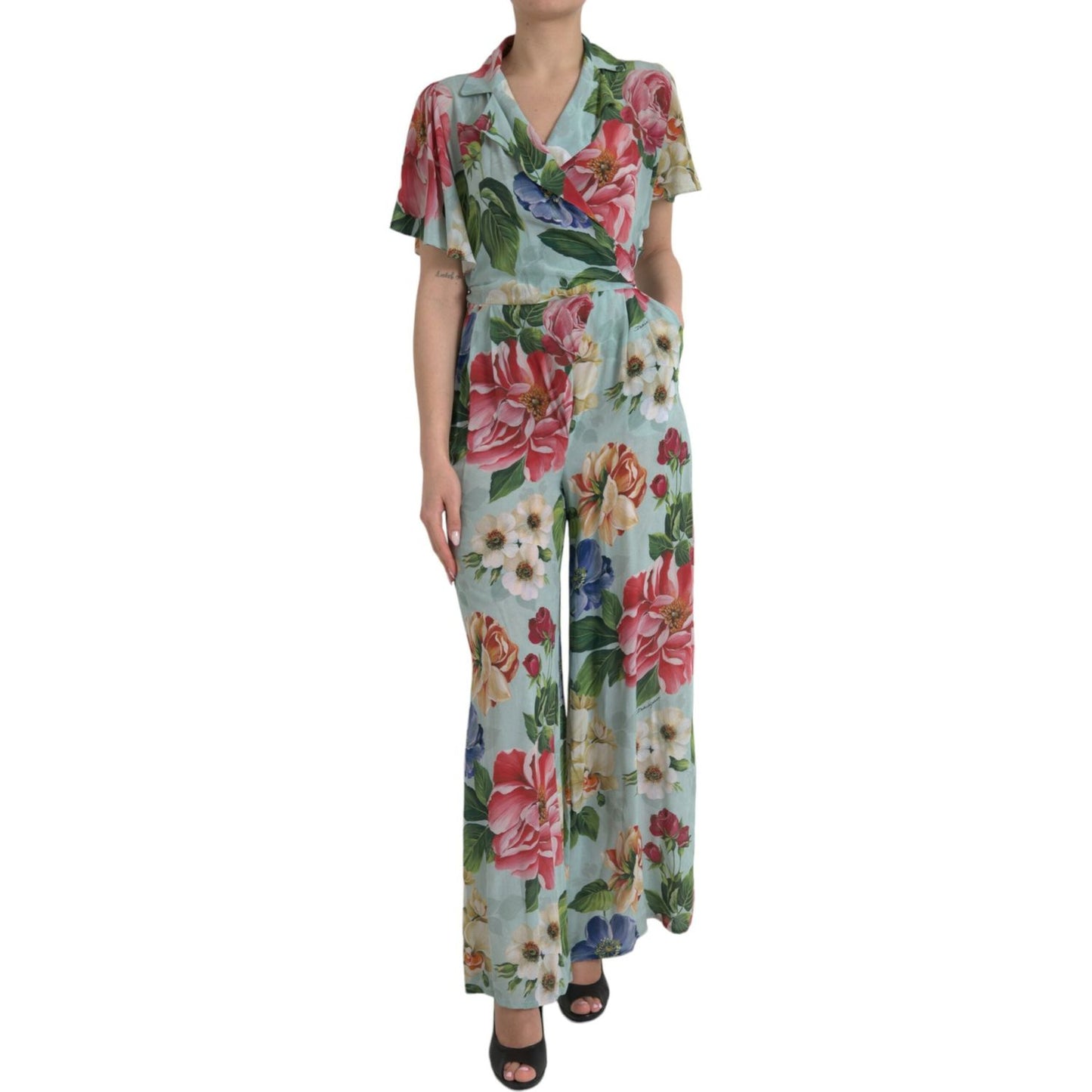 Dolce & Gabbana Elegant Floral Silk Crepe Jumpsuit Dolce & Gabbana Light Slate Gray