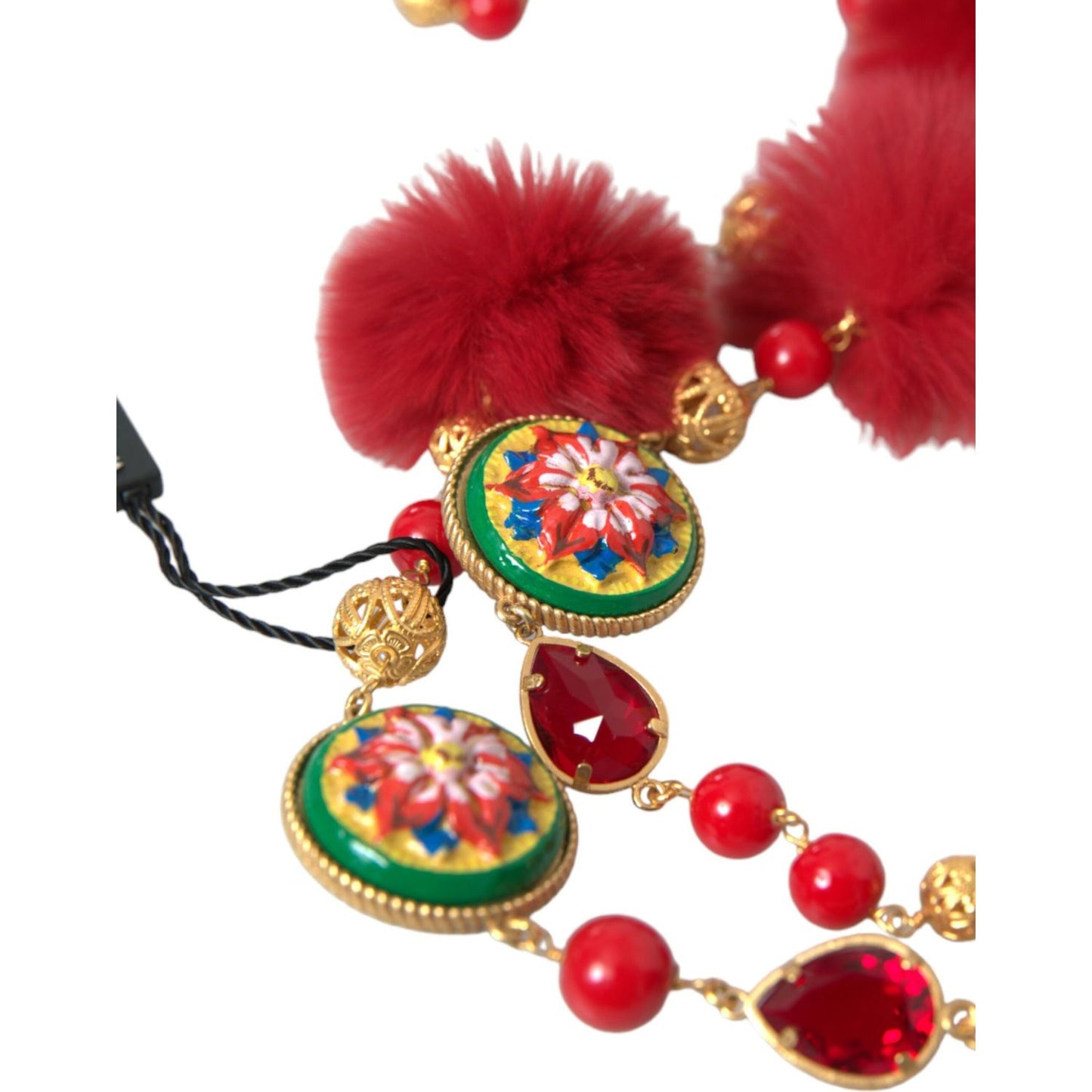 Dolce & Gabbana Gold Brass Red Fur Crystal Carretto Chain Necklace Necklace Dolce & Gabbana Brown