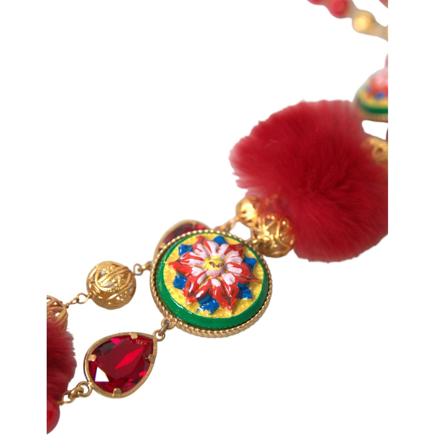 Dolce & Gabbana Gold Brass Red Fur Crystal Carretto Chain Necklace Necklace Dolce & Gabbana Brown