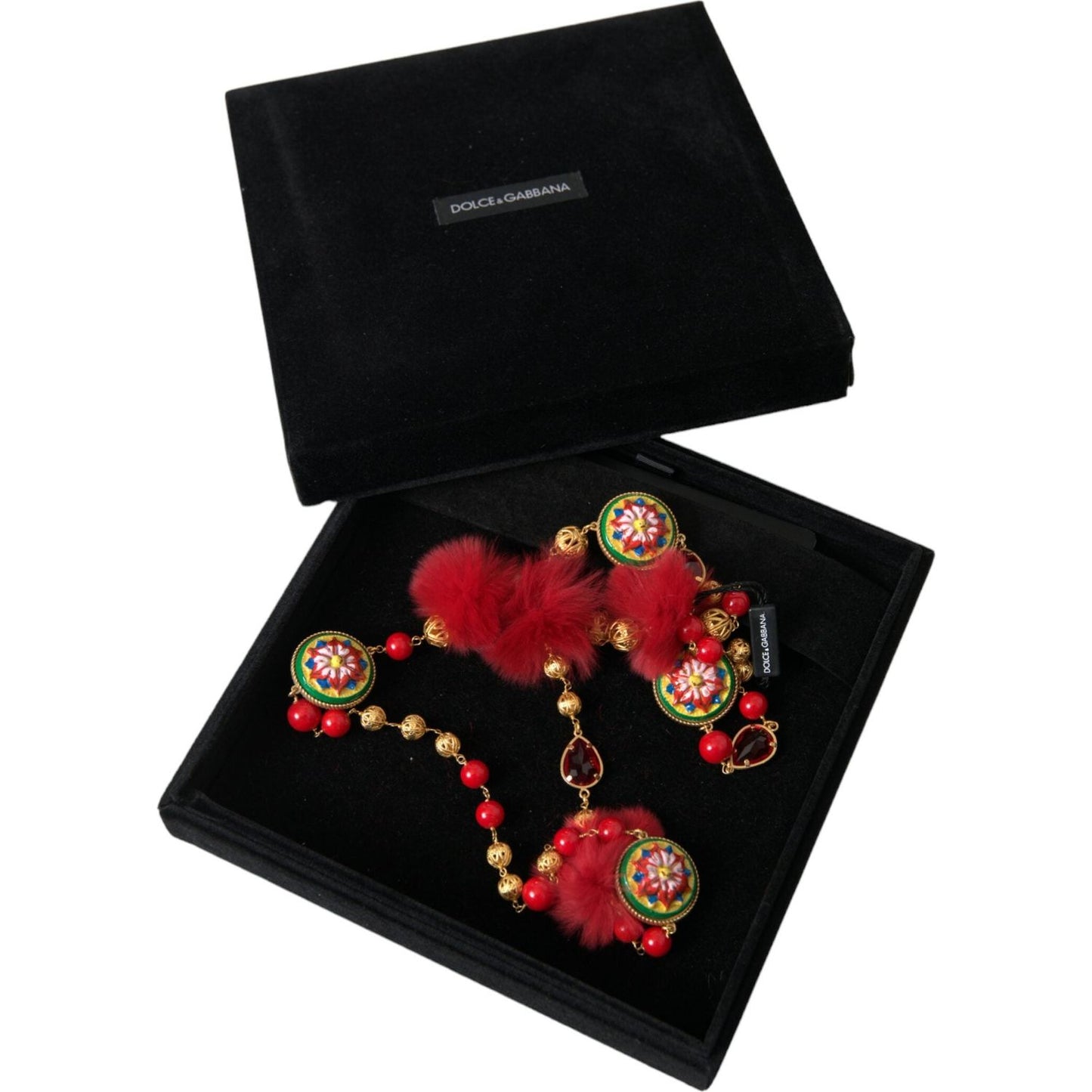 Dolce & Gabbana Gold Brass Red Fur Crystal Carretto Chain Necklace Necklace Dolce & Gabbana Black