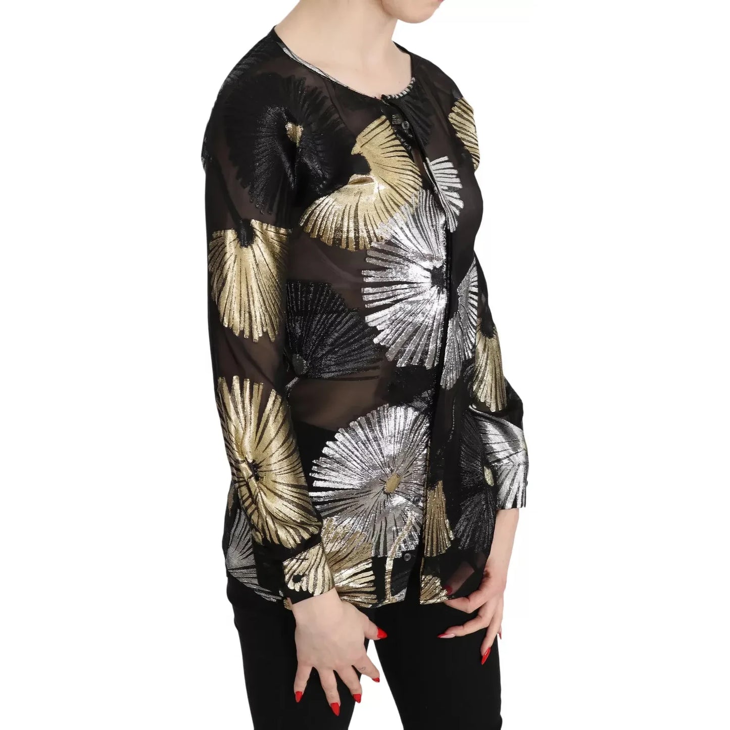 Dsquared² Gold Silver Silk Jacquard See Through Top Blouse Dsquared² Gray
