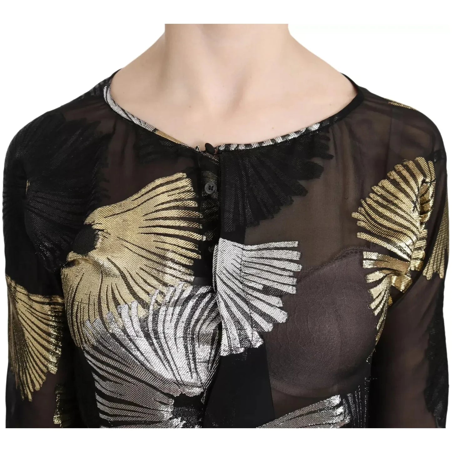 Dsquared² Gold Silver Silk Jacquard See Through Top Blouse Dsquared² Gray