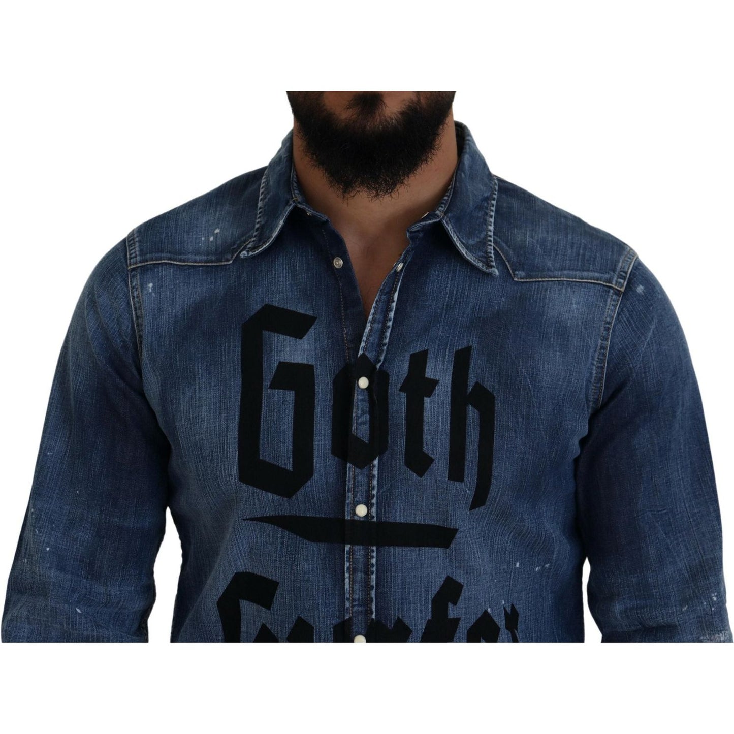 Dsquared² Blue Washed Goth Surfer Print Men Denim Shirt Dsquared² Dark Slate Gray