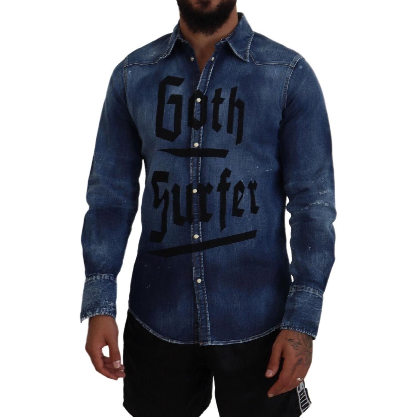Dsquared² Blue Washed Goth Surfer Print Men Denim Shirt Dsquared² Dark Slate Gray