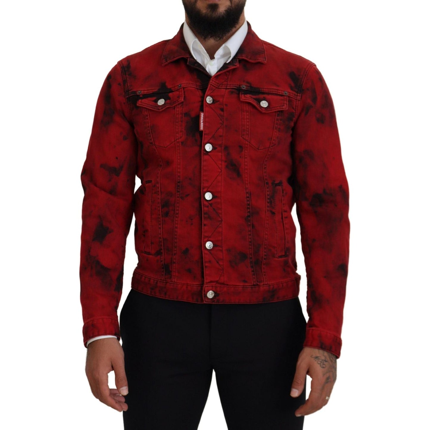 Dsquared² Red Black Tie Dye Collared Men Denim Jacket Dsquared² Black