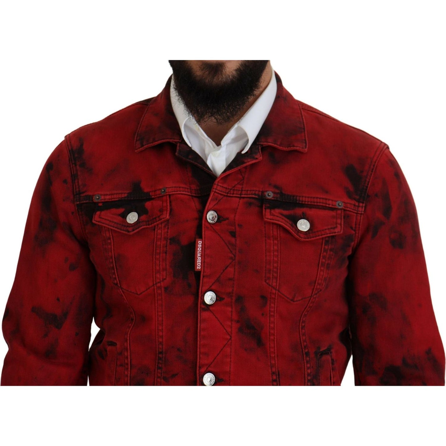 Dsquared² Red Black Tie Dye Collared Men Denim Jacket Dsquared² Dark Red