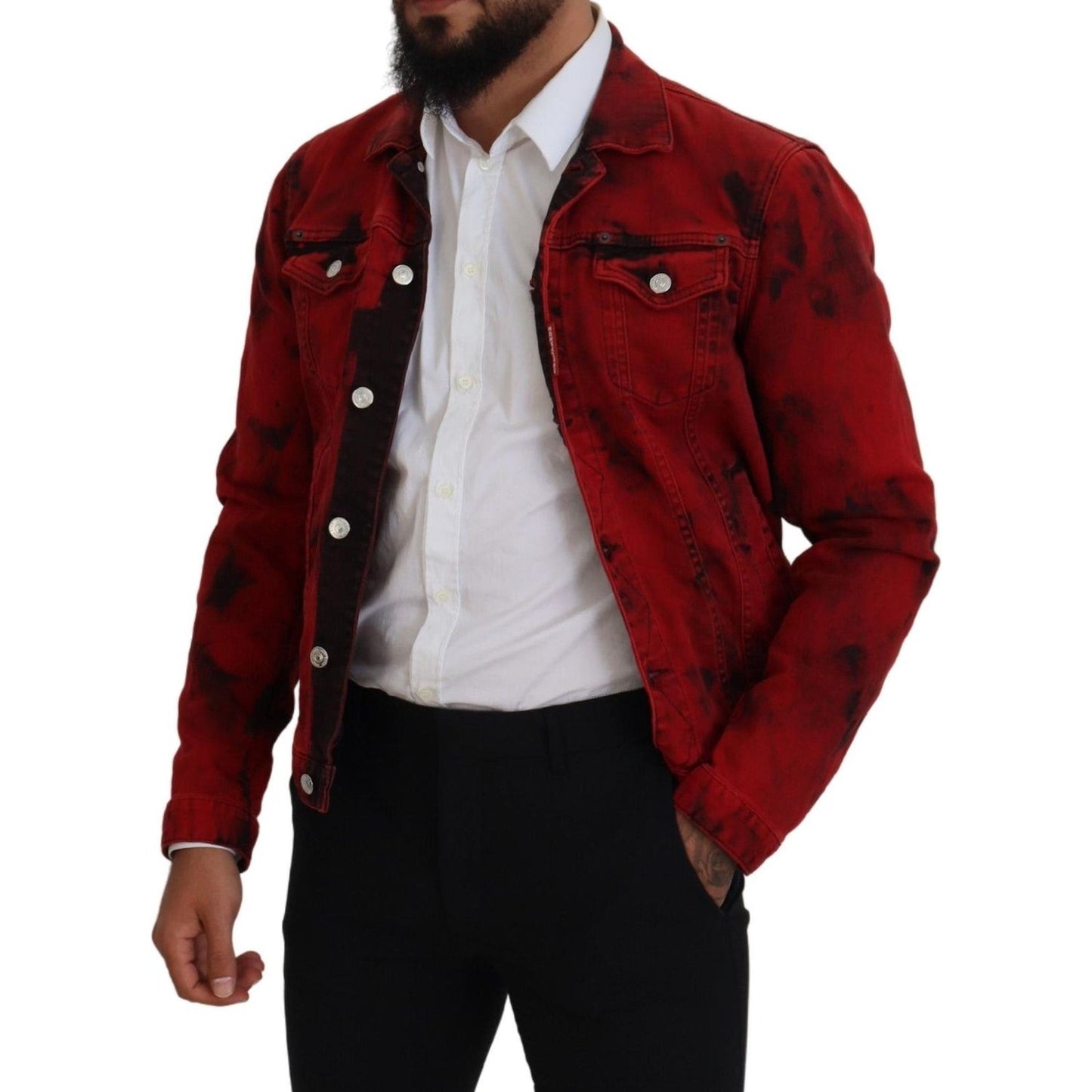 Dsquared² Red Black Tie Dye Collared Men Denim Jacket Dsquared² Black