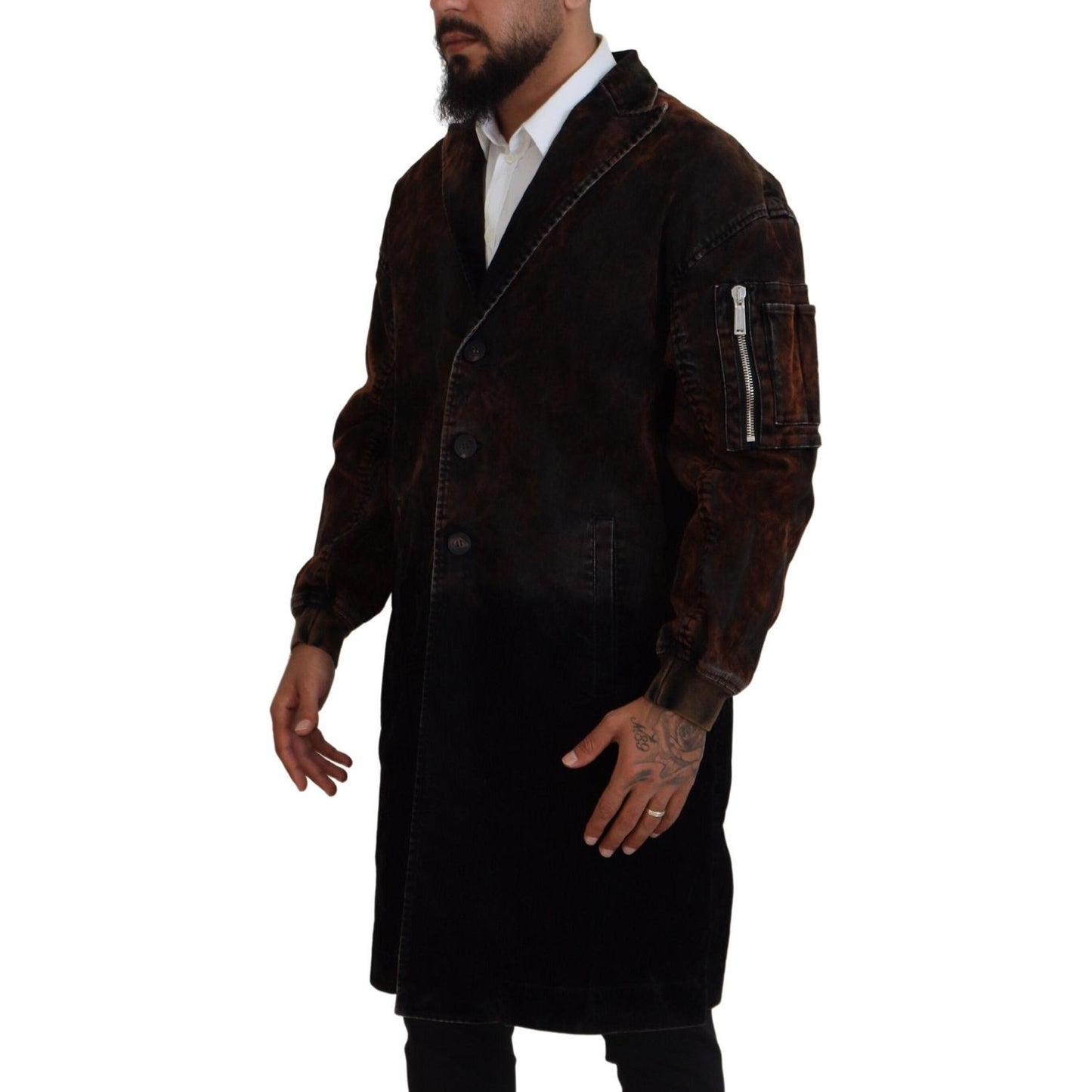 Dsquared² Brown Full Button Men Long Coat Cotton Jacket Dsquared² Black