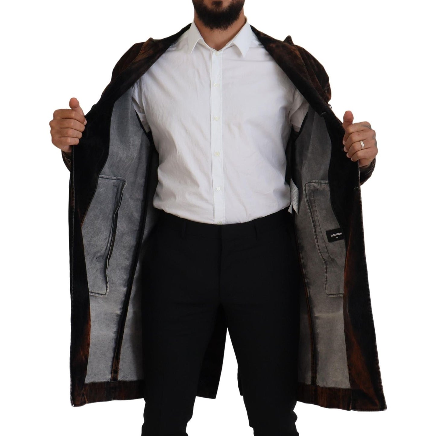 Dsquared² Brown Full Button Men Long Coat Cotton Jacket Dsquared² Gray